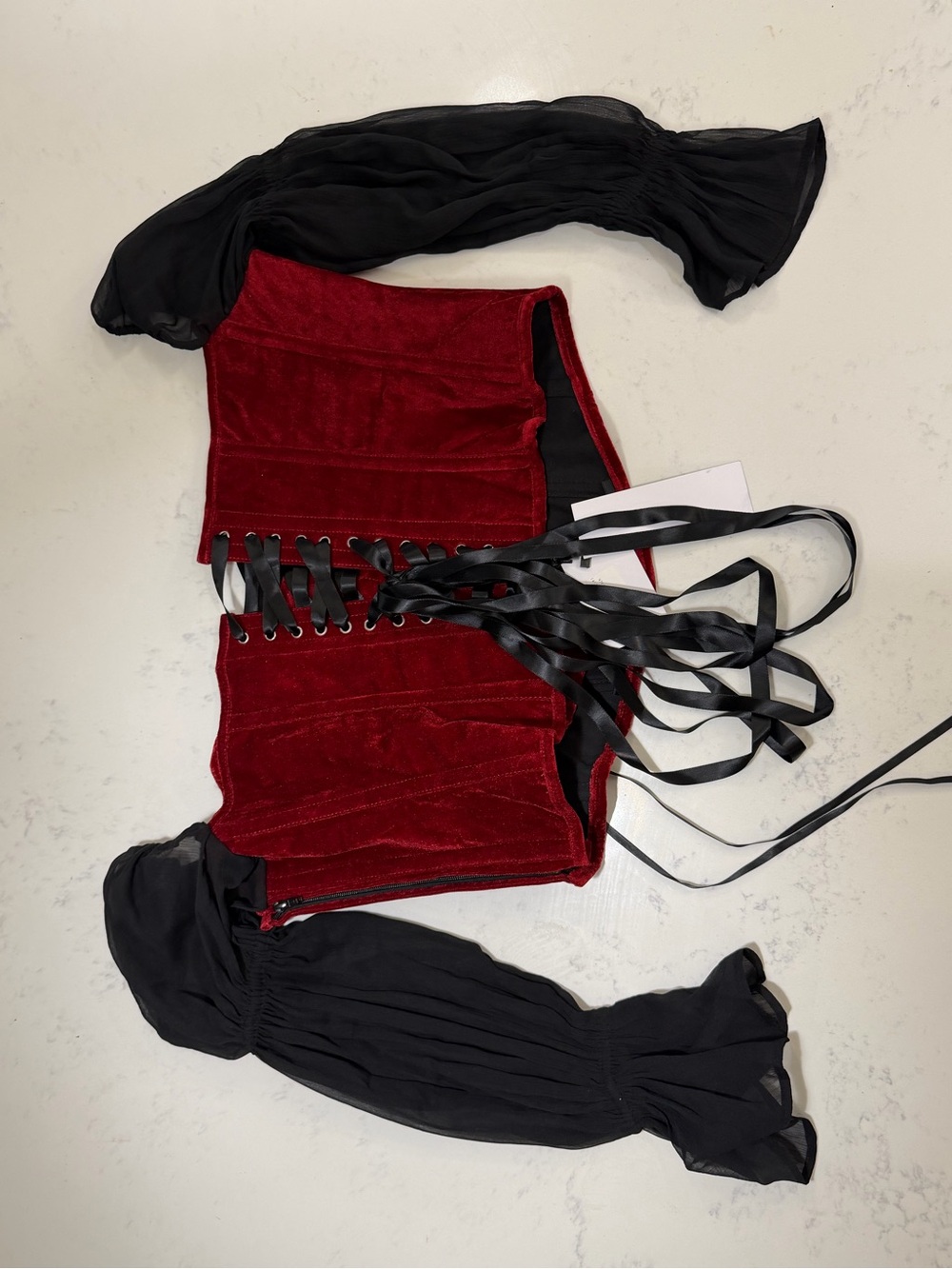 Red Velvet Lace-Up Corset with Black Lacing and black sleeves - Women’s Accessor - Picture 5 of 16